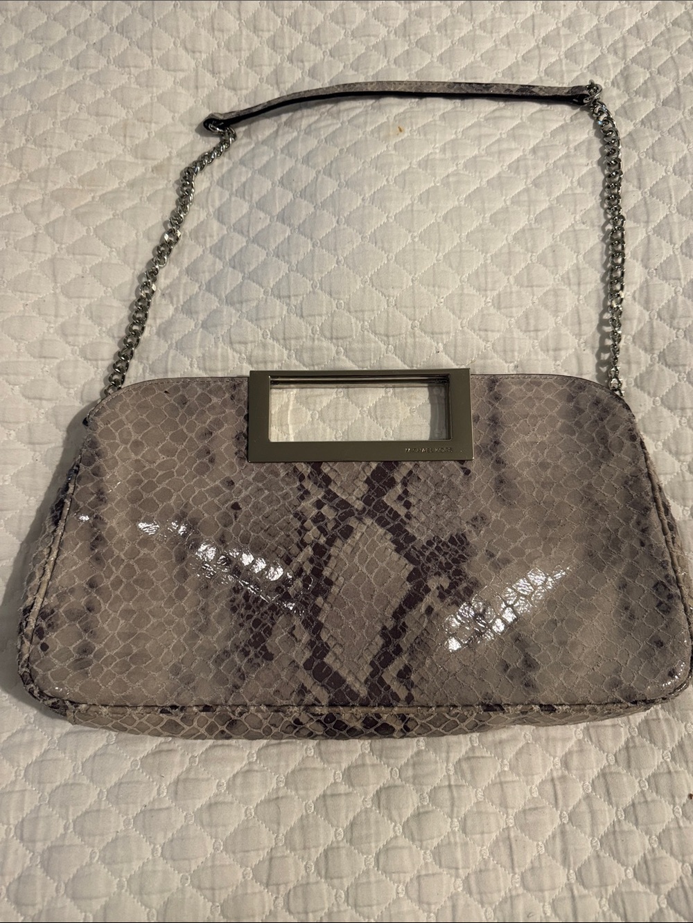 Michael Kors Taupe Snake-Print Patent Leather Shoulder Bag with Chain Strap